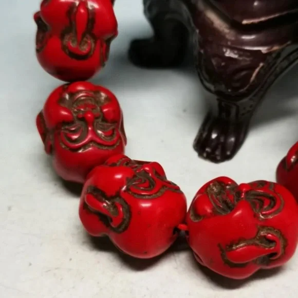 Good Chinese Old Collection Exquisite Red Coral Carved Buddha head Bracelet SD4